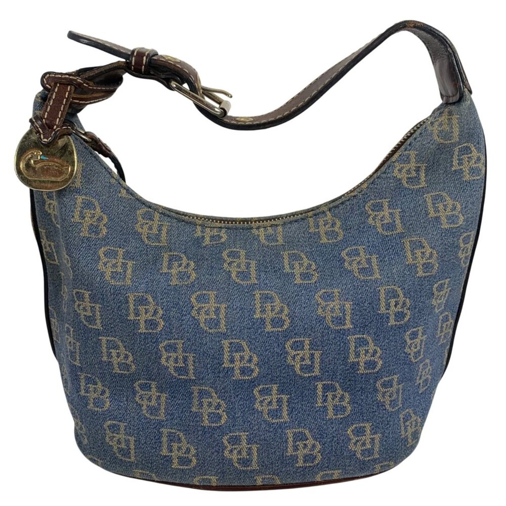 Dooney Bourke Blue Denim Jeans DB Logo Brown Leather Mini Hobo Bag Vintage Y2K